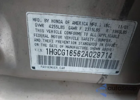 2002 Honda Accord 3.0 Ex z USA, uszkodzony, nr VIN 1HGCG16562A029714